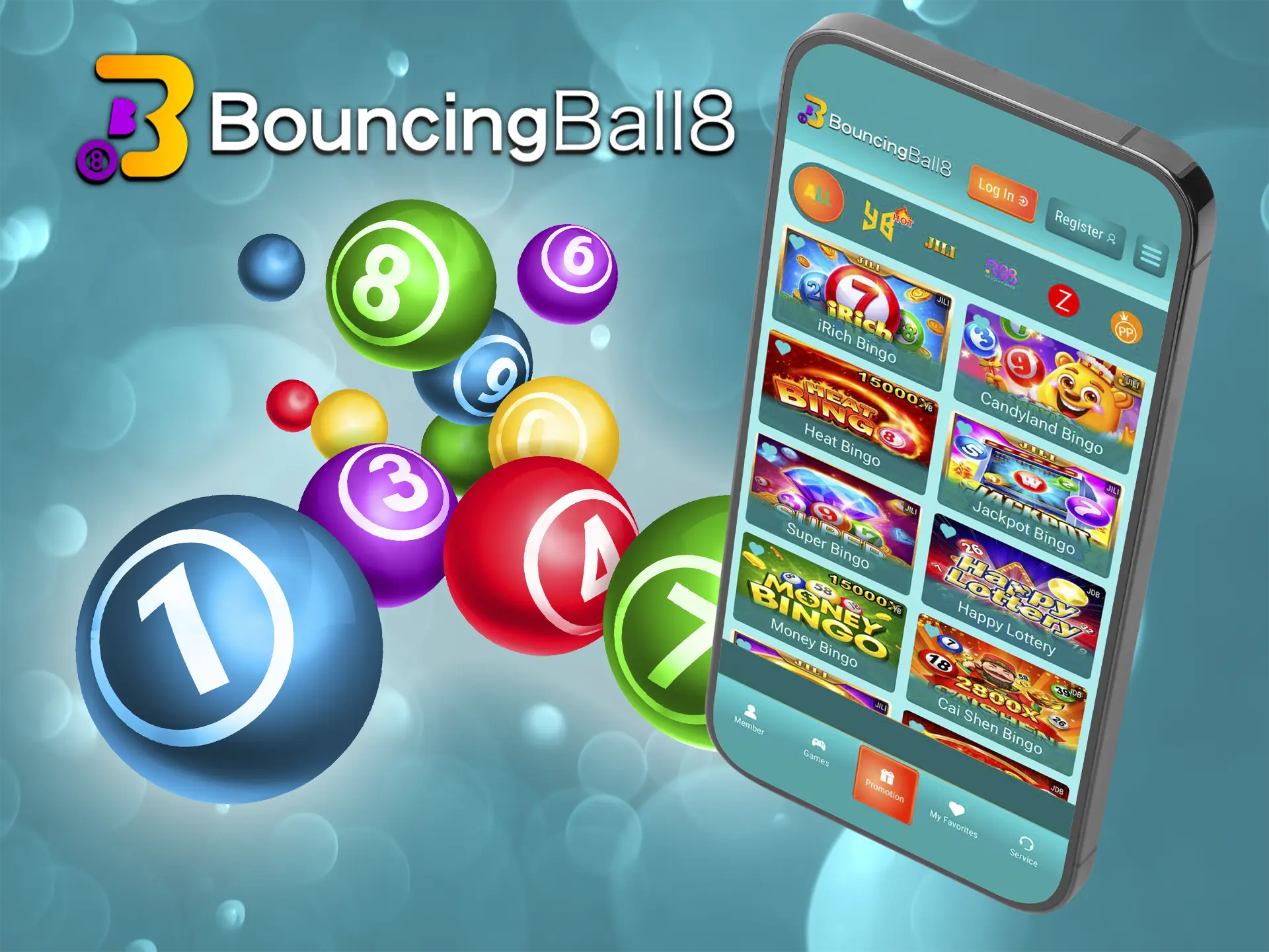 Play bingo from BouncingBall8 app and win big.
