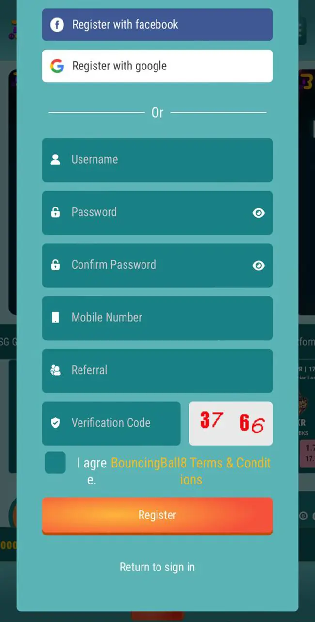 Explore the screenshot of the registration form in the BouncingBall8 app.