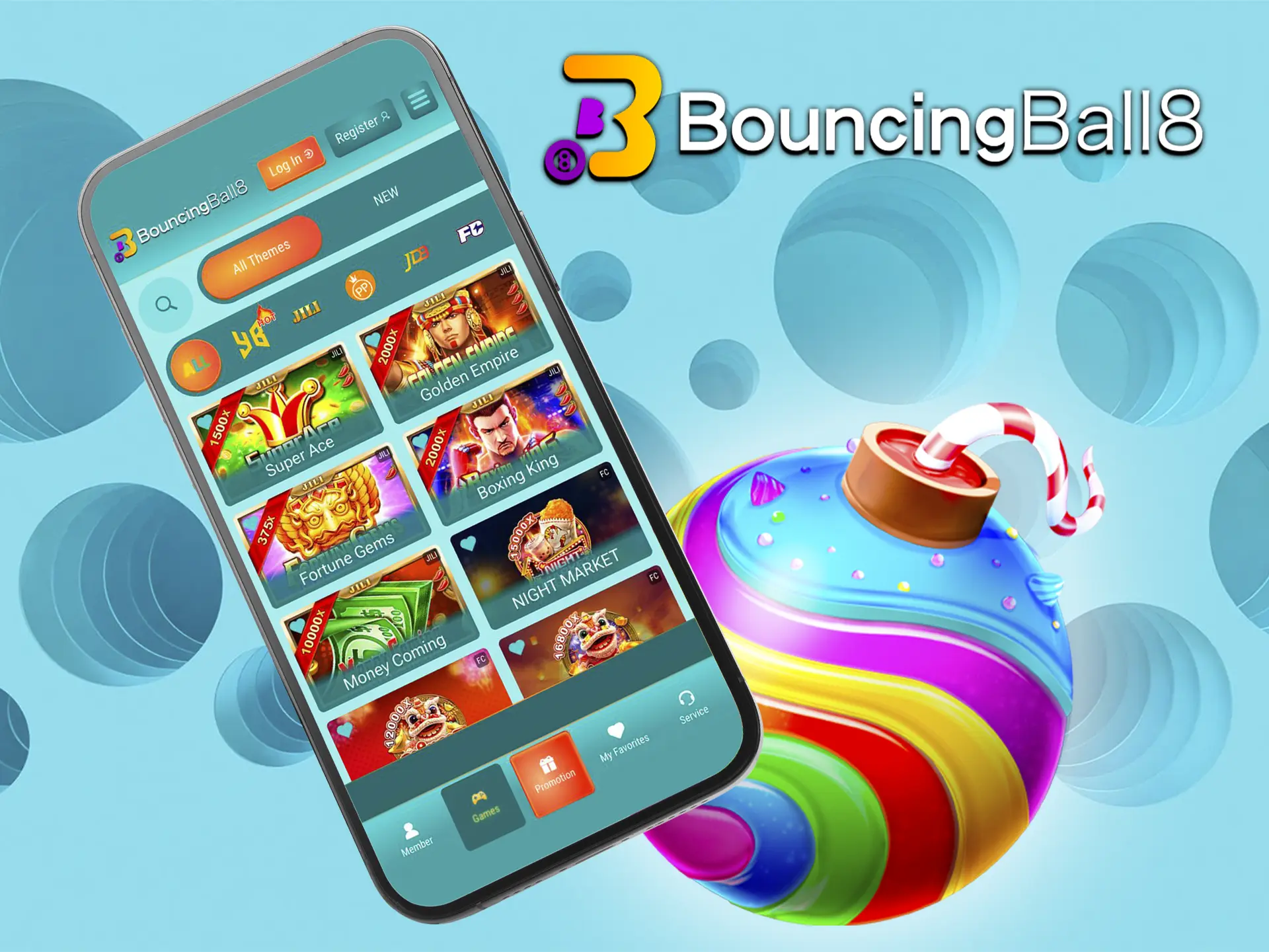 Try your luck at the online slots via the BouncingBall8 app.