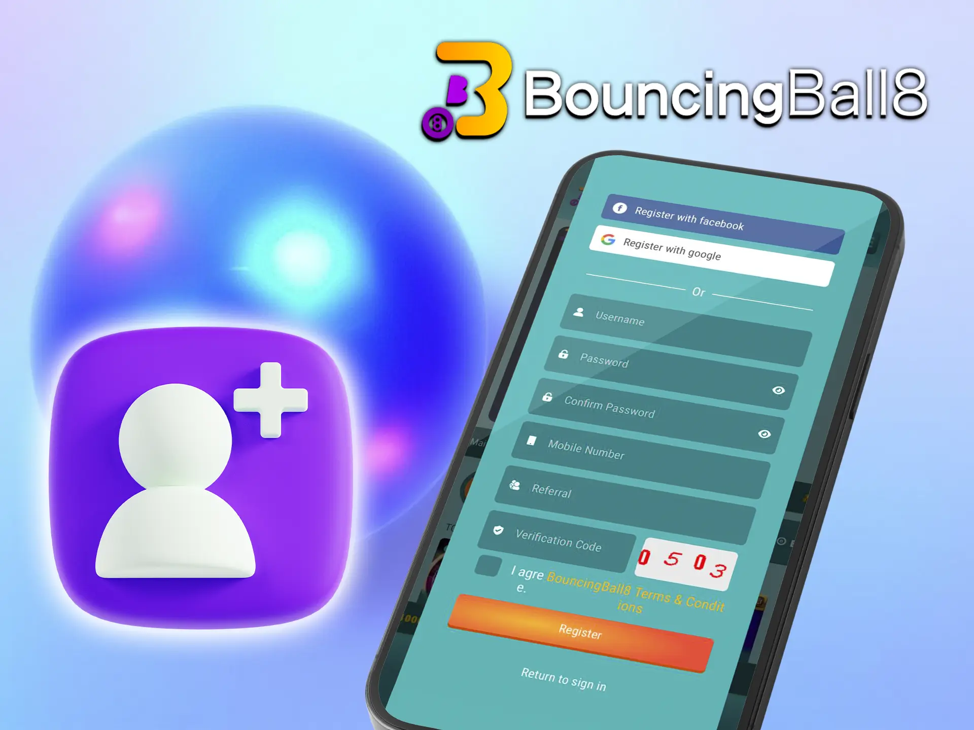 Instructions for mobile gamers on how to create a new BouncingBall8 profile via the application.
